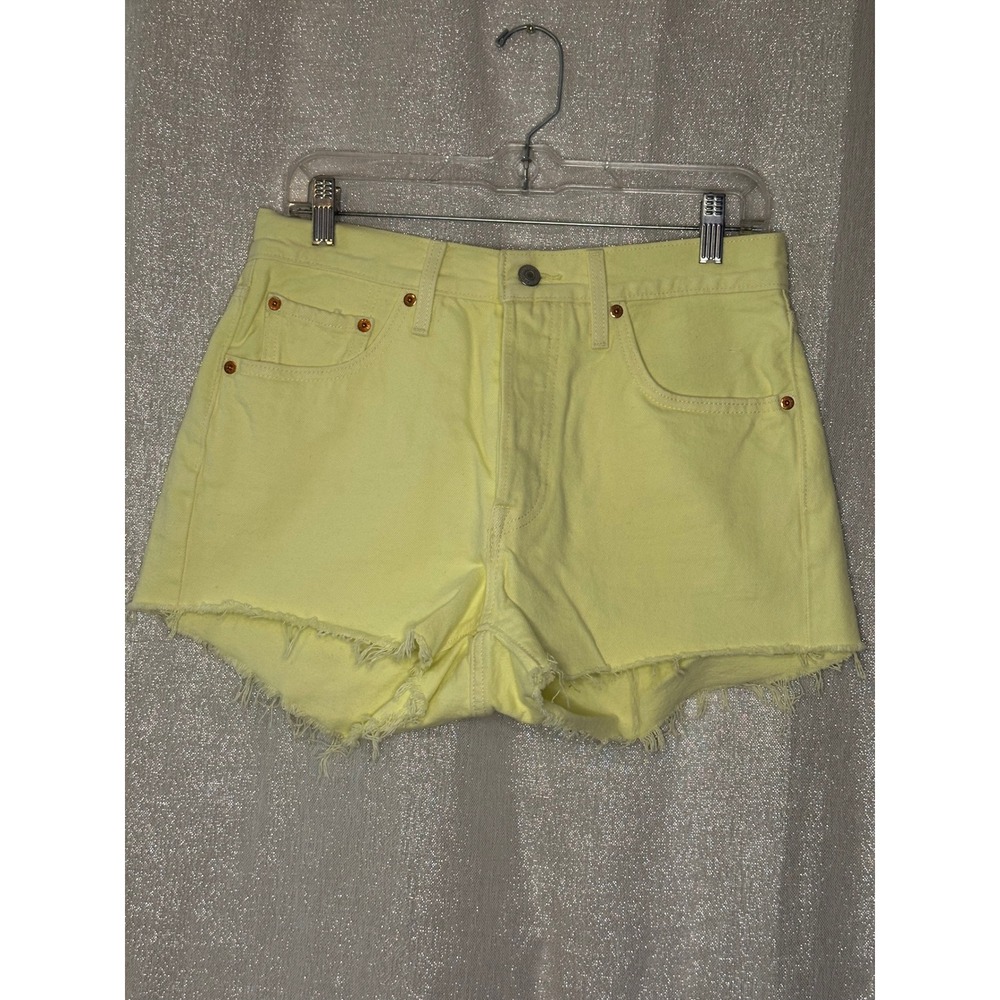 Levi's 501 High Rise Denim Shorts Yellow Frayed Hem Casual Summer‎ W28